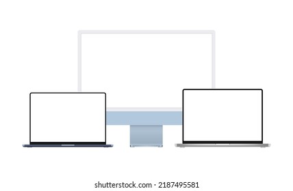 Blue Monitor and Laptops Mockups with Blank Screens, Isolated on White Background. Vector Illustration