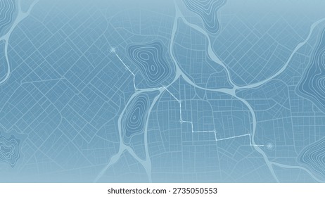 Blue monochromatic city map with navigation route and topographic lines. Vector illustration.