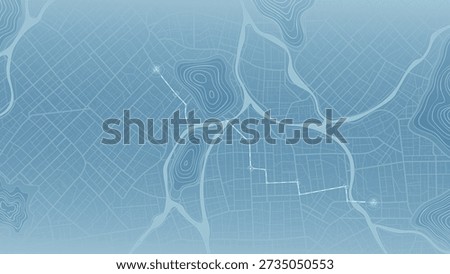 Blue monochromatic city map with navigation route and topographic lines. Vector illustration.