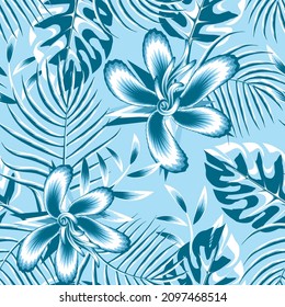 blue monochromatic Exotic jungle plants illustration seamless pattern with abstract hibiscus flowers and monstera palm leaves on sky blue background. Floral background. Summer design. prints texture