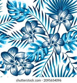 blue monochromatic summer themed seamless pattern texture vector design with tropical monstera palm leaves and abstract flowers plants foliage on white background. Floral background. nature wallpaper