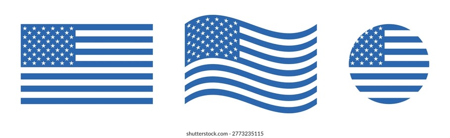 Blue monochromatic USA flag icon set with rectangle, waving, and circle shapes.