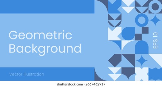 Blue Monochrome Background with simple Geometric Shapes in Bauhaus style with Copy Space in Swiss style for Banner, Flyer, Cards, Presentation, Website Design, Landing. Vector illustration.