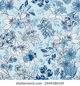 Blue Monochrome Botanicals Vector Seamless Pattern