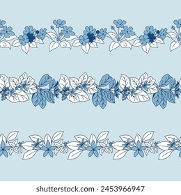 Blue Monochrome Botanicals Vector Seamless Horizontal Borders Set