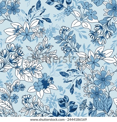 Blue Monochrome Botanicals Vector Seamless Pattern