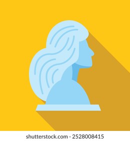 Blue monochrome bust sculpture of a woman with long hair on a yellow background, in flat design with long shadow