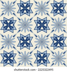 Blue monochrome ceramic tiles, tiles with colorful floral pattern, stylish design element for interior decoration, vector illustration