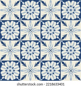 Blue monochrome ceramic tiles, square tiles with colorful floral pattern, stylish design element for interior decoration, vector illustration