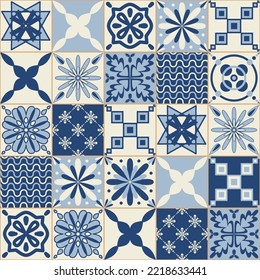 Blue monochrome ceramic tiles, square tiles with colorful floral pattern, stylish design element for interior decoration, vector illustration