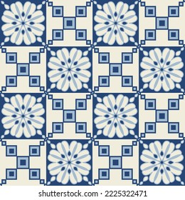 Blue monochrome ceramic tiles, square tiles with colorful floral pattern, vector illustration