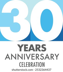 blue monochrome color number of 30 years anniversary celebration logo style, isolated on white background.