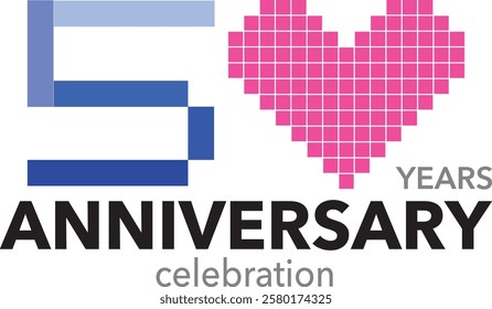 blue monochrome color with square pink heart number 50 and word years anniversary celebration are in the bottom.