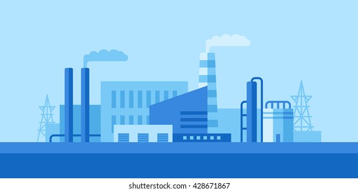 Blue monochrome flat vector illustration of factory buildings