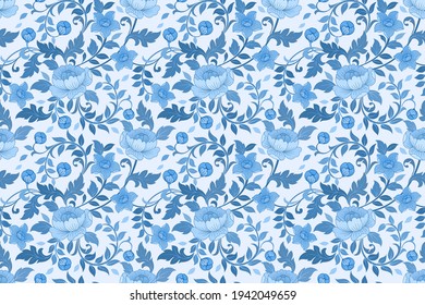 Blue monochrome  flower ornament seamless pattern. Can be use for fabric textile wallpaper.