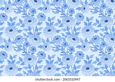 Blue monochrome flower ornament seamless pattern.