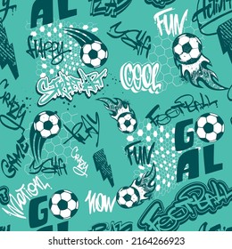 Blue monochrome Football seamless pattern. Abstract repeat sport print. Soccer ball and graffiti words drawing in street art style on blue background.