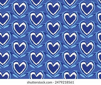 Azul Monocromo corazones sin patrón. Adorno romántico. La tiza dibuja corazones y hojas repiten impresión. Fondo continuo de corazones dibujados a mano.