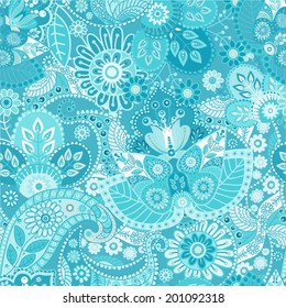 Blue monochrome indian decorative pattern. Vector batik indonesia. Colorful paisley pattern with stylized flowers. Design for wrapping paper, web, cover, fabric, textile