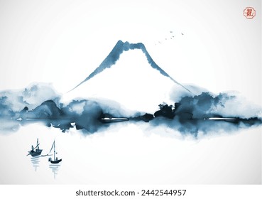 Pintura de lavado de tinta monocromática azul con montaña Fuji, barcos de pesca, pájaros voladores y árboles que se reflejan en el agua. Tinta oriental tradicional pintura sumi-e, u-sin, go-hua.  Jeroglífico - energía vital.