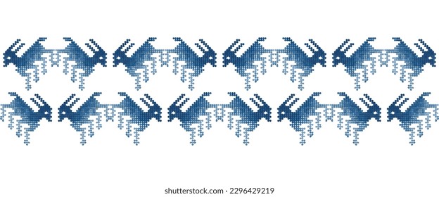 Blue monochrome jumping polka dot deers creating zigzag pattern Border on white background. Geometric seamless vector pattern for interiors and fashion with grunge texture.