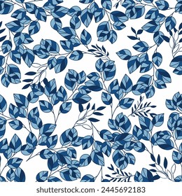 Blue Monochrome Leaves Vector Seamless Pattern