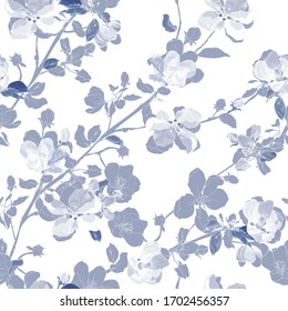 Blauer monochrome nahtlose Blumenmuster aus Frühlingsblütenzweig mit Blumen Kirsche oder Apfel, Knospen, Blätter auf weißem Hintergrund. Blühender Baum Zweige sakura.Hand gezeichnet.Vintage. Stockillustration für Vektorillustrationen.