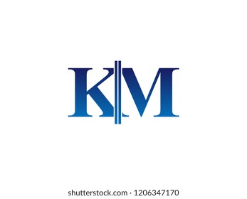 The blue monogram logo letter KM is sliced