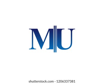 The blue monogram logo letter MU is sliced
