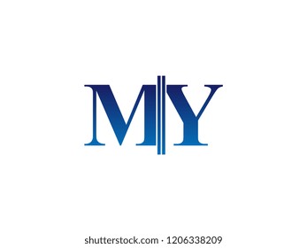 The blue monogram logo letter MY is sliced