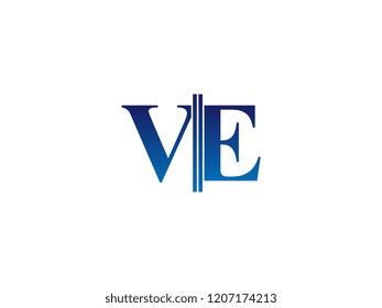 The blue monogram logo letter VE is sliced