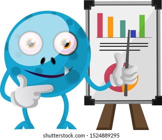 Blue monster with analytics table, illustration, vector on white background.