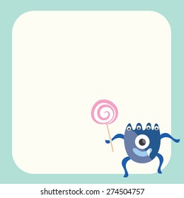 Blue monster with candy on frame background