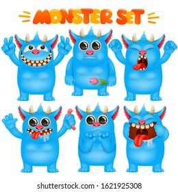 Blue Monster cartoon emoji character in various emotions collection. Vector set