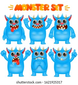 Blue Monster cartoon emoji character in various emotions collection. Vector set