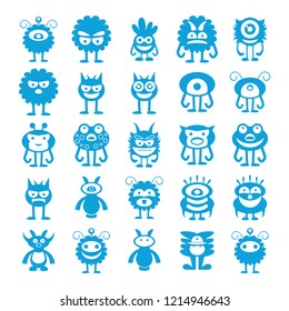 blue monster character icons, cartoon set