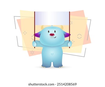 Blue monster character illustration. Horned animal, cute creature, banner. Advertisement concept. Vector illustration can be used for topics like marketing, promotion, advertising