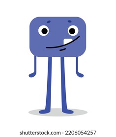Blue monster character. Rectangular mutant with long legs. Toy or mascot for children. Graphic element for printing on fabric. Imagination, mysticism and fairy tale. Cartoon flat vector illustration