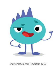 Blue monster character. Round surprised person with coarse hair. Halloween toy for kids. Fantasy, imagination, evil and horror, fear. Poster or banner for website. Cartoon flat vector illustration