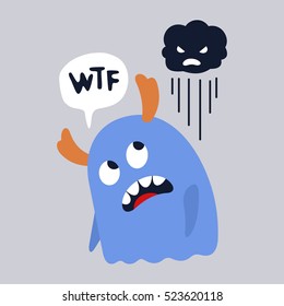 Blue monster and cloud. Sticker design template. Vector art illustration.