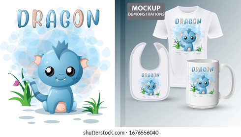 Blue Monster Cute Dragon Character vector illustration