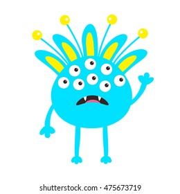 Blue monster with ears, fang tooth and horns. Funny Cute cartoon character. Baby collection. Isolated. Happy Halloween card. Flat design. White background. Vector illustration
