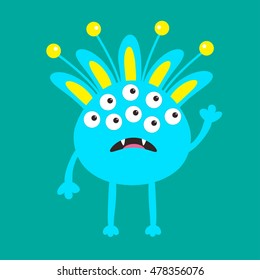 Blue monster with ears, fang tooth and horns. Funny Cute cartoon character. Baby collection. Happy Halloween card. Flat design. Green background. Vector illustration