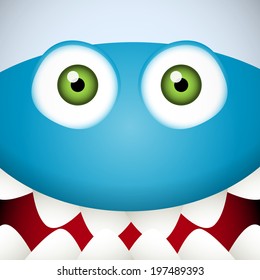 Blue Monster face with green eyes and mouth full of teeth
