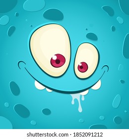 Blue monster face illustration. Cartoon vector portrait. Emotion.