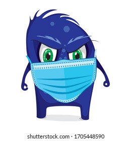 blue monster with face mask. blue virus, bacteria on white/ vector illustration