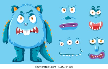 A blue monster and facial set illustration