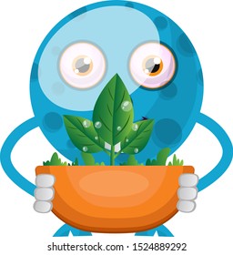 Blue monster holding plant, illustration, vector on white background.