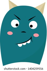 Blue monster with horns and menacing look, vector, color drawing or illustration. 