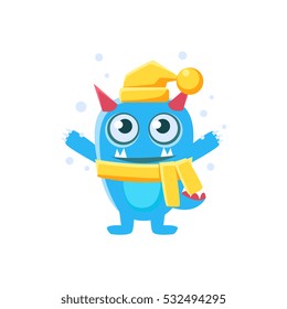 Blue Monster With Horns And Spiky Tail Wearing Hat  Scarf
